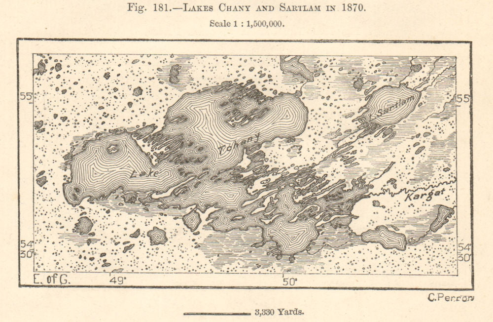 Lakes Chany and Sartlan in 1870. River Kargat, Siberia, Russia. Sketch map 1885